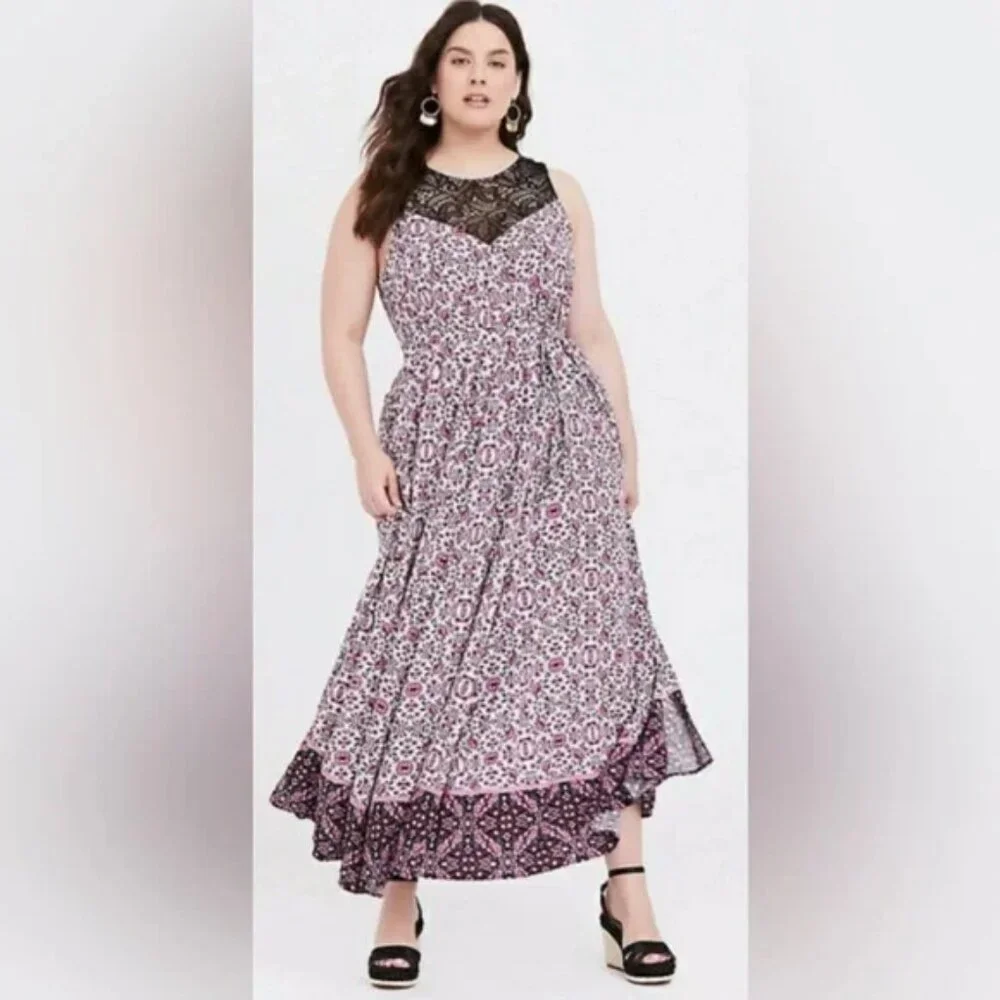 Torrid Pink Floral Lace Yoke Challis Maxi Dress